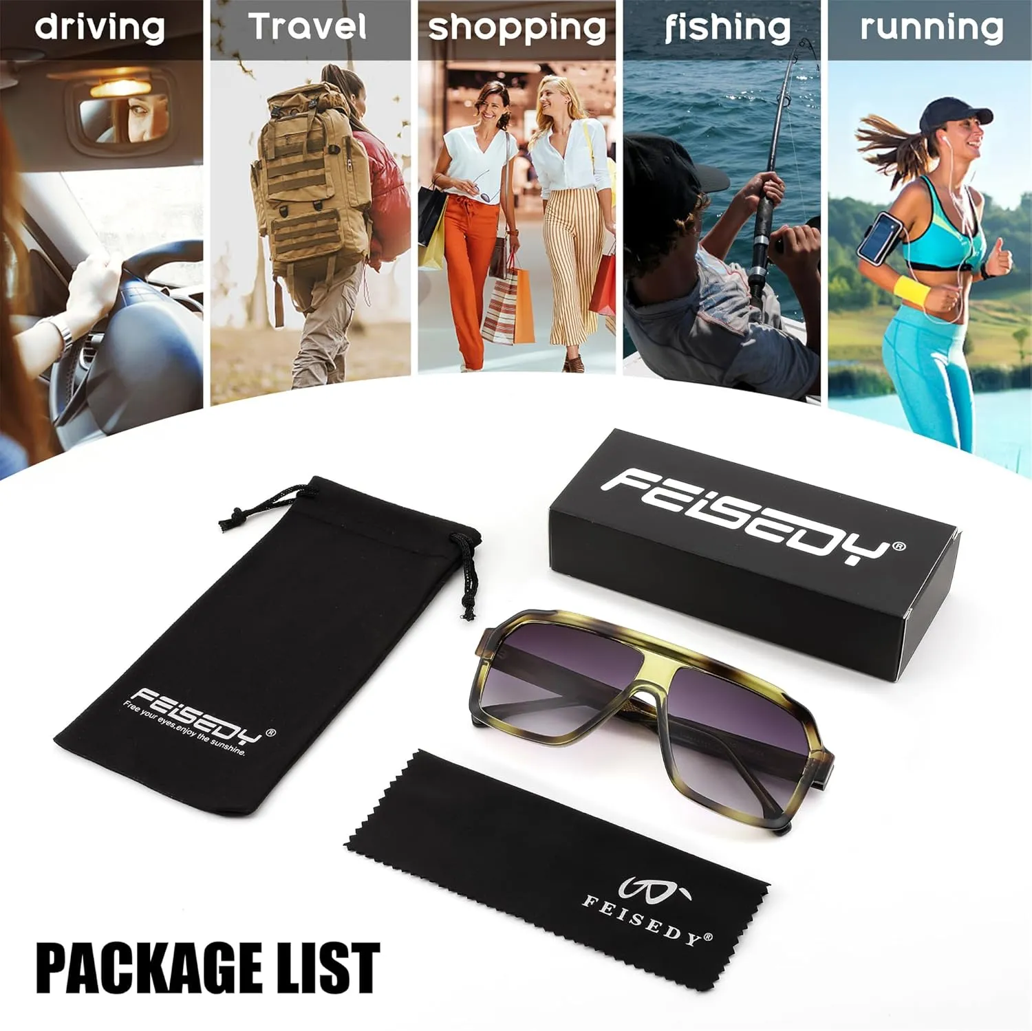 FEISEDY Sunglasses Men Square Aviator Frame UV400 Sun Glasses Driving Running Fishing Golf Hiking B0059