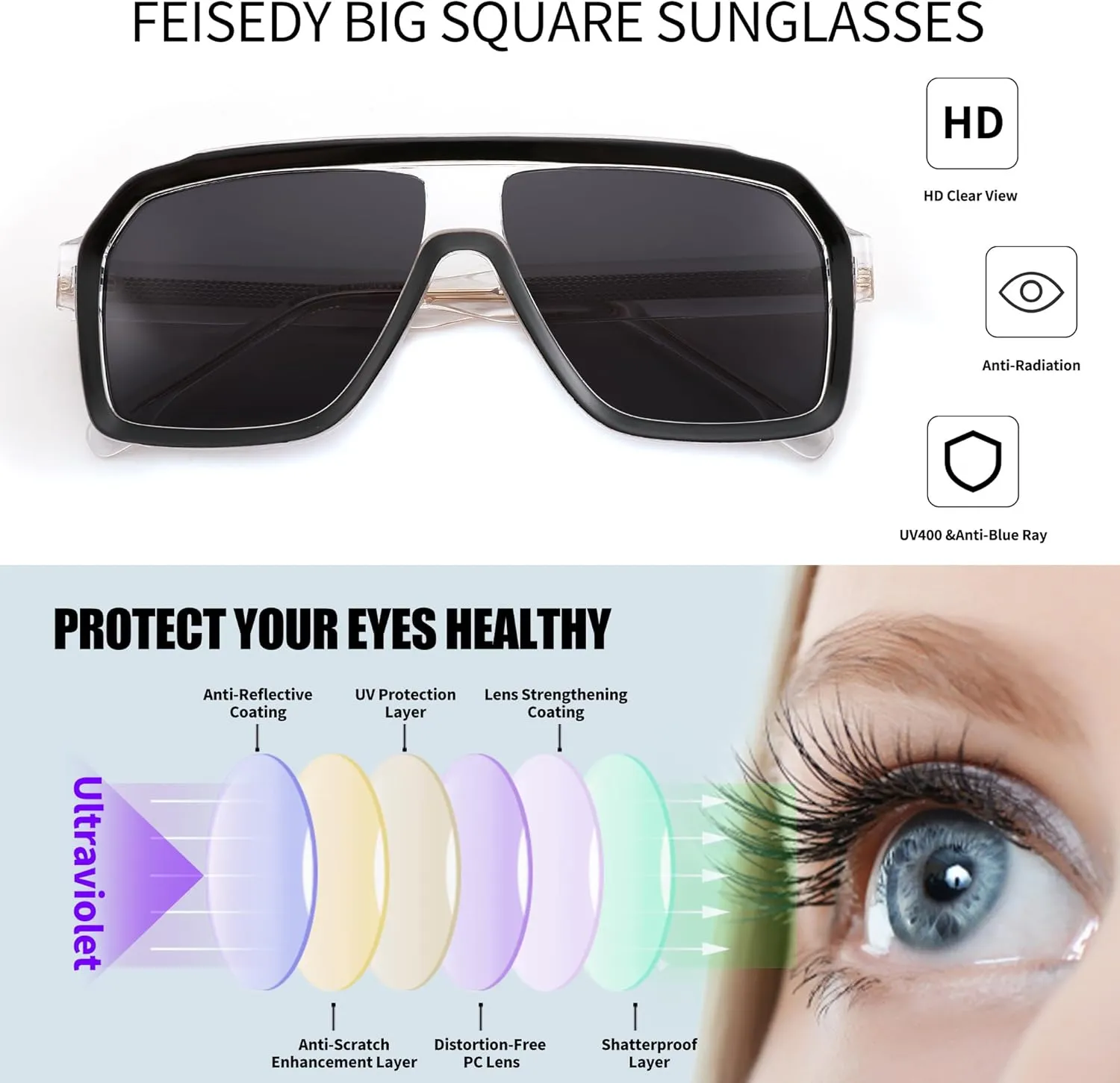 FEISEDY Sunglasses Men Square Aviator Frame UV400 Sun Glasses Driving Running Fishing Golf Hiking B0059