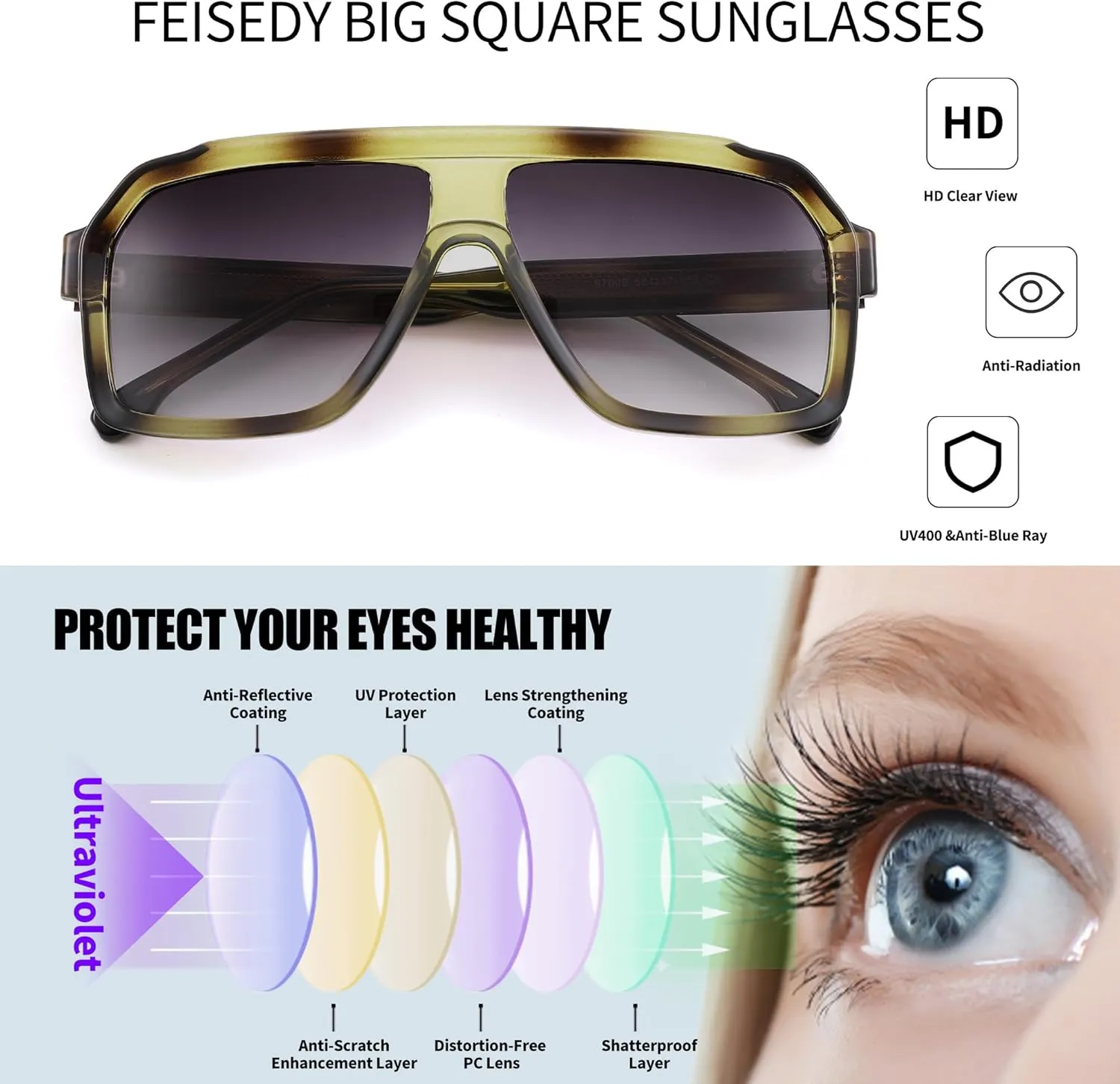 FEISEDY Sunglasses Men Square Aviator Frame UV400 Sun Glasses Driving Running Fishing Golf Hiking B0059