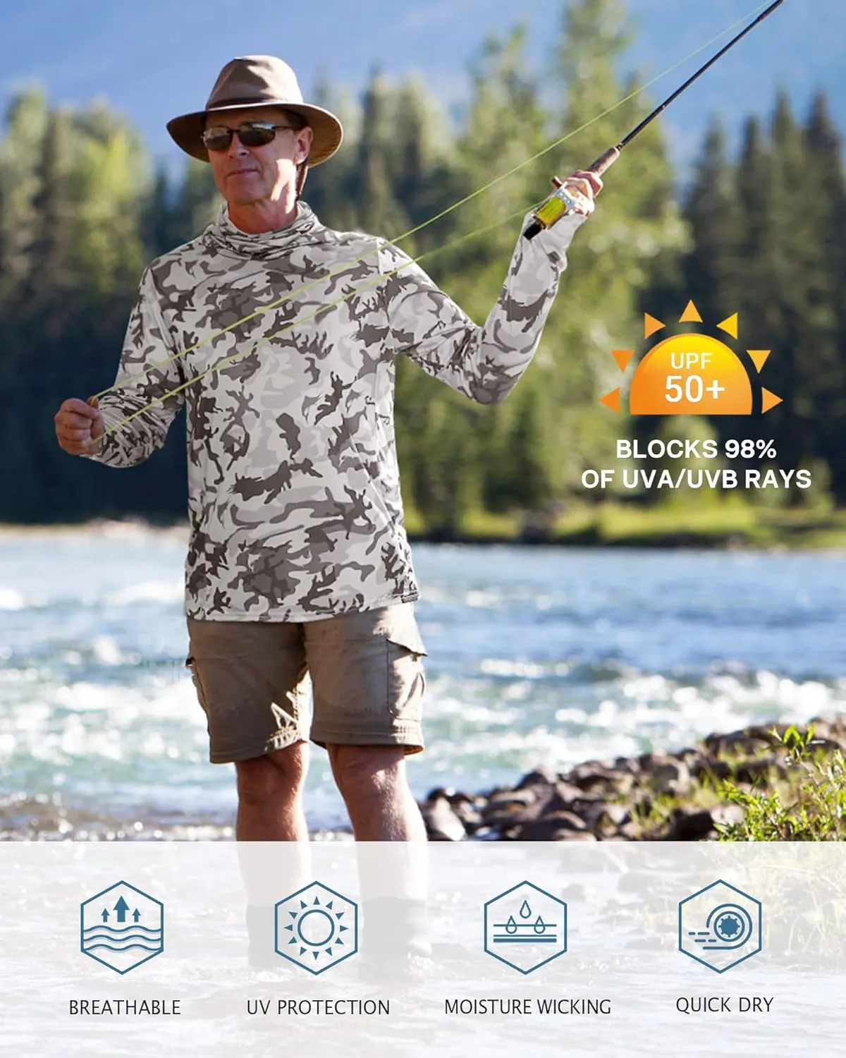FISHEAL Men's Performance Fishing Hoodie Shirt - UPF 50  Sun Protection Long Sleeve Thumbholes Shirts with Neck Gaiter