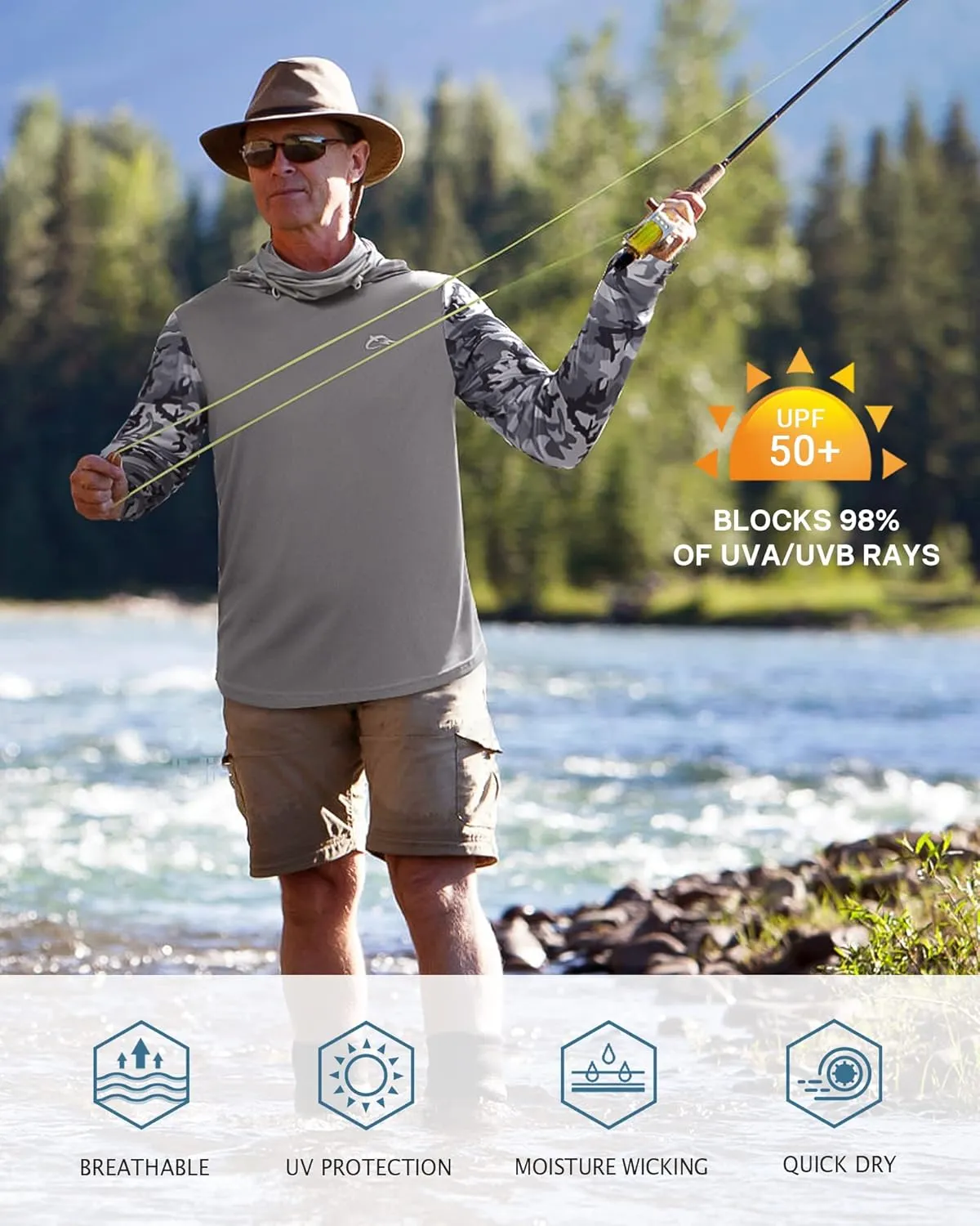 FISHEAL Men's Performance Fishing Hoodie Shirt - UPF 50  UV Sun Protection Long Sleeve Shirts with Mesh Face Mask