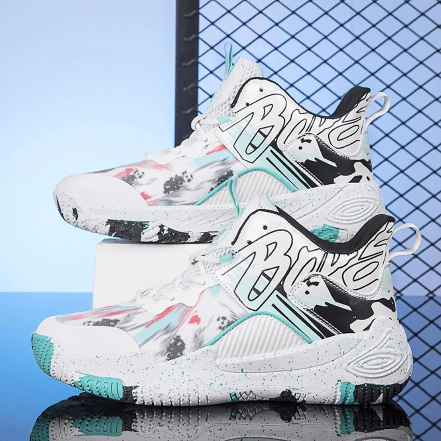 FOTN Mens Breathable Mesh High Top Basketball Shoes Outdoor Lightweight Non-Slip Sport Shoes Fashion Graffiti Training Runnig Sneakers