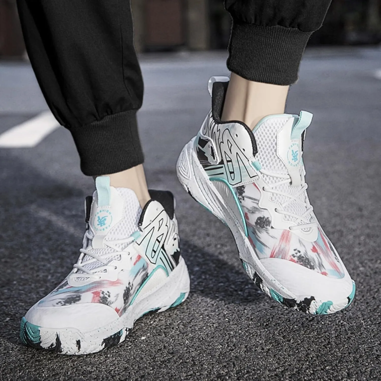 FOTN Mens Breathable Mesh High Top Basketball Shoes Outdoor Lightweight Non-Slip Sport Shoes Fashion Graffiti Training Runnig Sneakers