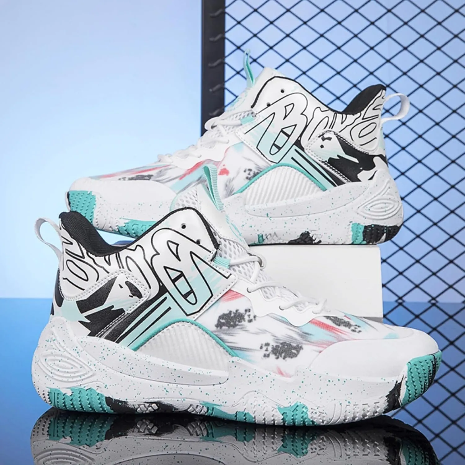 FOTN Mens Breathable Mesh High Top Basketball Shoes Outdoor Lightweight Non-Slip Sport Shoes Fashion Graffiti Training Runnig Sneakers