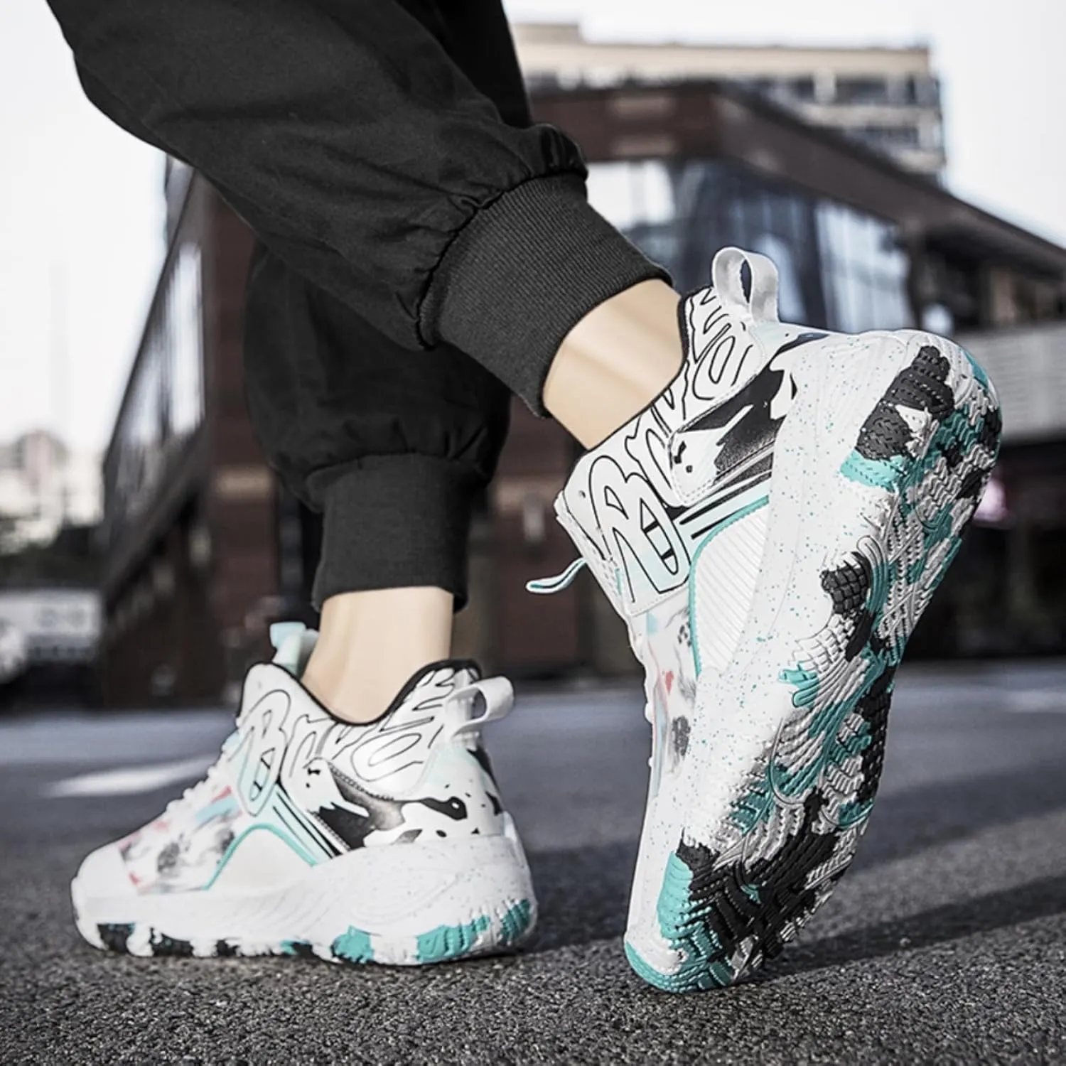 FOTN Mens Breathable Mesh High Top Basketball Shoes Outdoor Lightweight Non-Slip Sport Shoes Fashion Graffiti Training Runnig Sneakers