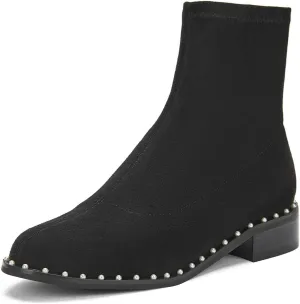 FSJ Women Classic Suede Round Toe Block Low Heel Ankle Boots Elastic Flat Booties Pearls Pull On Casual Ladies Shoes Size 4-15 US
