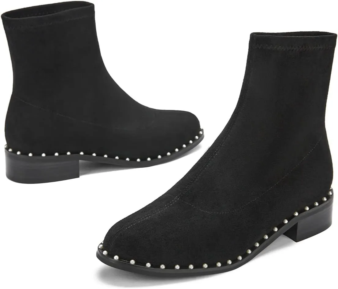 FSJ Women Classic Suede Round Toe Block Low Heel Ankle Boots Elastic Flat Booties Pearls Pull On Casual Ladies Shoes Size 4-15 US