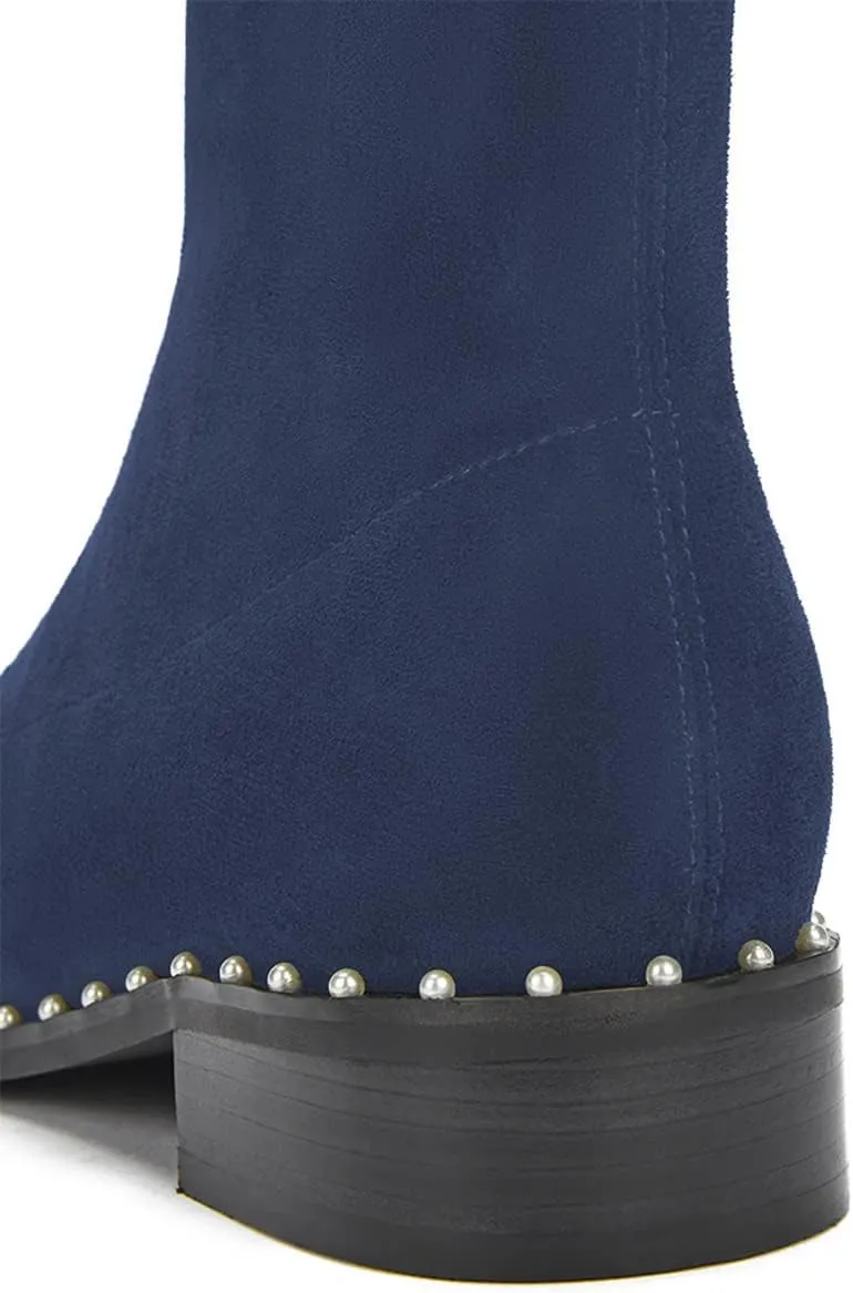 FSJ Women Classic Suede Round Toe Block Low Heel Ankle Boots Elastic Flat Booties Pearls Pull On Casual Ladies Shoes Size 4-15 US