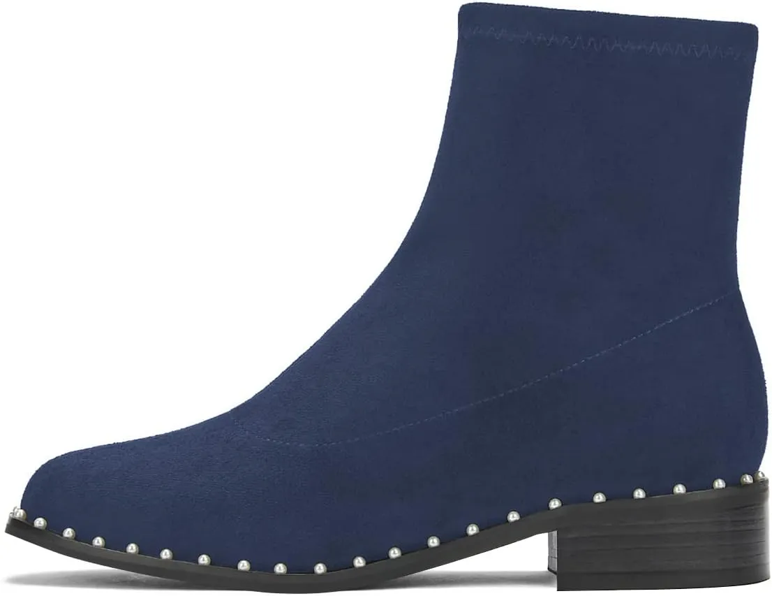 FSJ Women Classic Suede Round Toe Block Low Heel Ankle Boots Elastic Flat Booties Pearls Pull On Casual Ladies Shoes Size 4-15 US