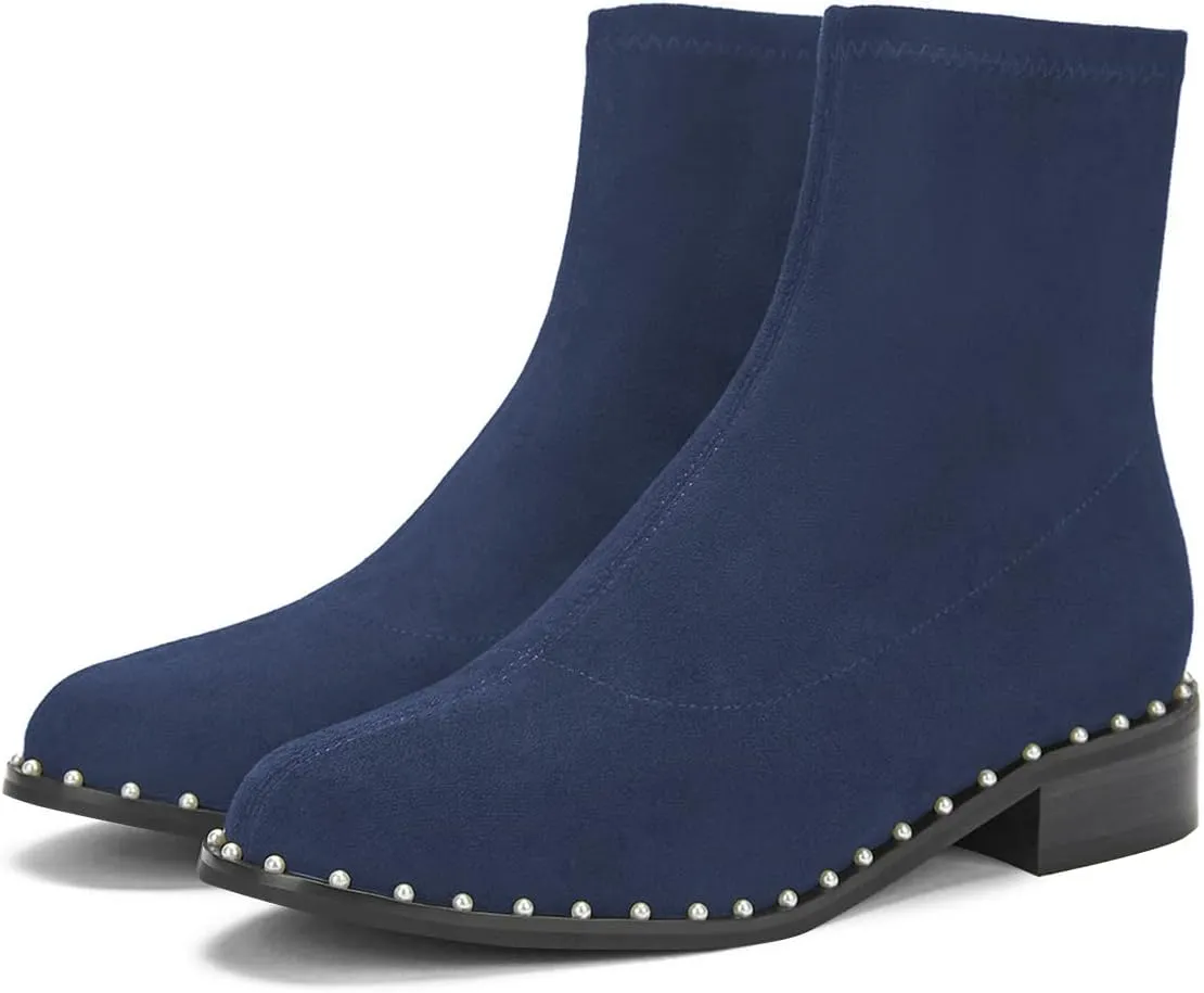 FSJ Women Classic Suede Round Toe Block Low Heel Ankle Boots Elastic Flat Booties Pearls Pull On Casual Ladies Shoes Size 4-15 US