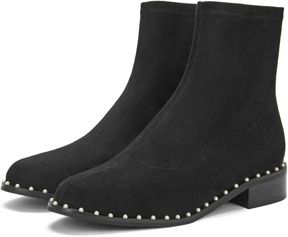 FSJ Women Classic Suede Round Toe Block Low Heel Ankle Boots Elastic Flat Booties Pearls Pull On Casual Ladies Shoes Size 4-15 US