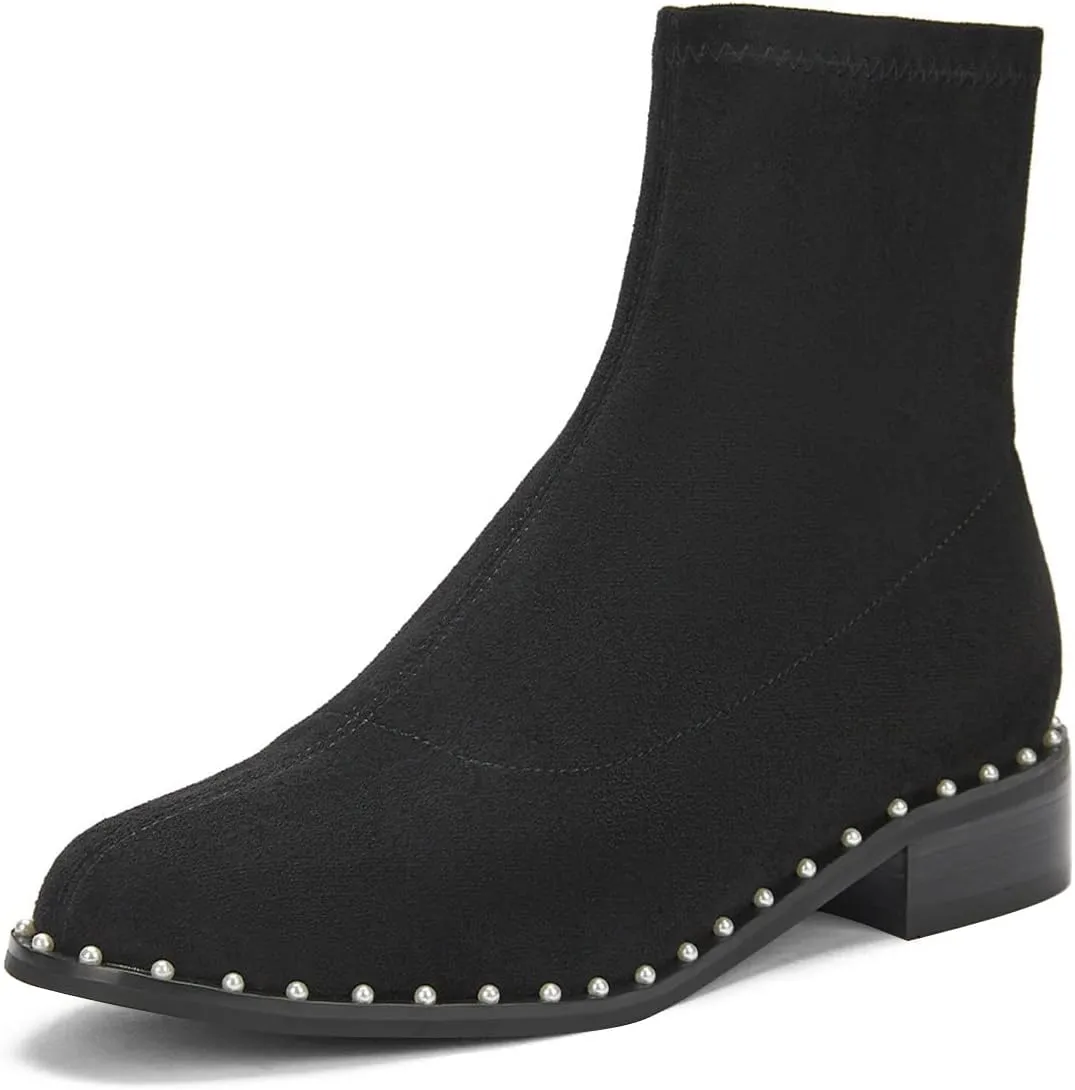 FSJ Women Classic Suede Round Toe Block Low Heel Ankle Boots Elastic Flat Booties Pearls Pull On Casual Ladies Shoes Size 4-15 US