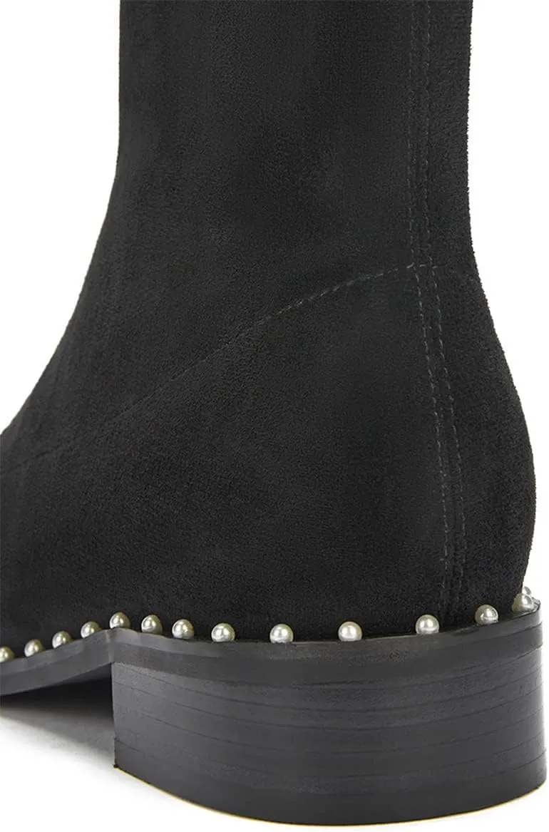 FSJ Women Classic Suede Round Toe Block Low Heel Ankle Boots Elastic Flat Booties Pearls Pull On Casual Ladies Shoes Size 4-15 US