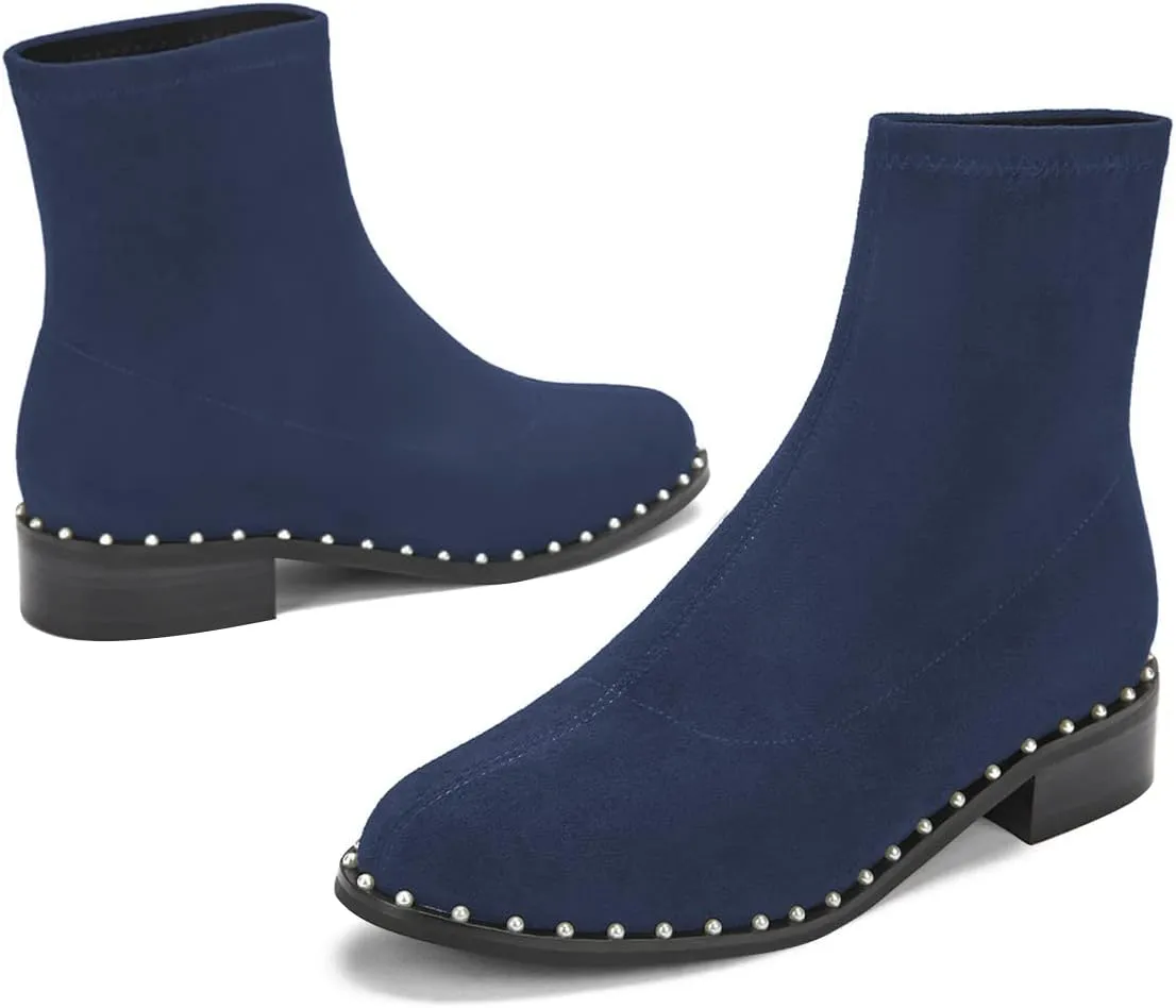 FSJ Women Classic Suede Round Toe Block Low Heel Ankle Boots Elastic Flat Booties Pearls Pull On Casual Ladies Shoes Size 4-15 US
