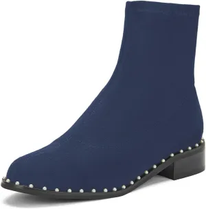 FSJ Women Classic Suede Round Toe Block Low Heel Ankle Boots Elastic Flat Booties Pearls Pull On Casual Ladies Shoes Size 4-15 US