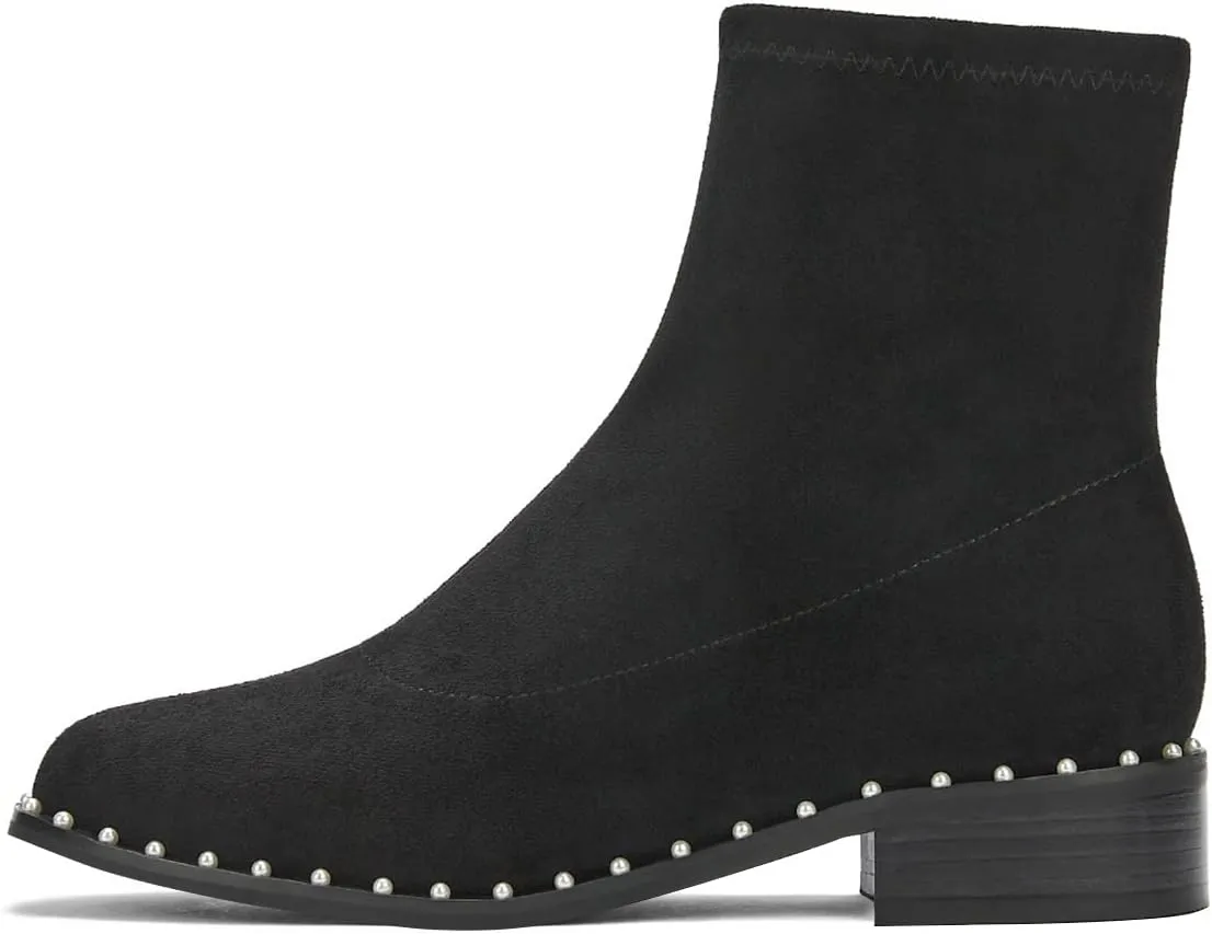 FSJ Women Classic Suede Round Toe Block Low Heel Ankle Boots Elastic Flat Booties Pearls Pull On Casual Ladies Shoes Size 4-15 US