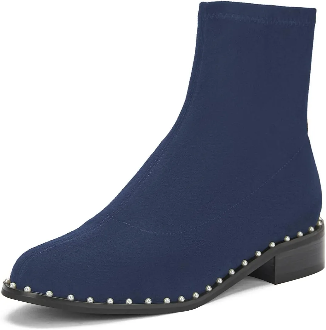 FSJ Women Classic Suede Round Toe Block Low Heel Ankle Boots Elastic Flat Booties Pearls Pull On Casual Ladies Shoes Size 4-15 US