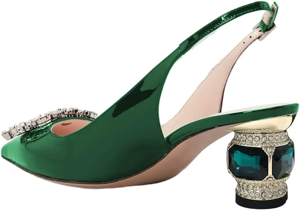 FSJ Women Fashion Crystal Square Buckle Closed Pointed Toe Slingback Pumps Rhinestone Block Low Heel Sandals Party Prom Dress Shoes Size 4-16 US
