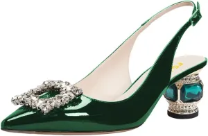 FSJ Women Fashion Crystal Square Buckle Closed Pointed Toe Slingback Pumps Rhinestone Block Low Heel Sandals Party Prom Dress Shoes Size 4-16 US