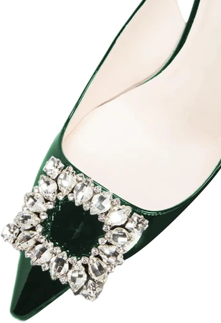 FSJ Women Fashion Crystal Square Buckle Closed Pointed Toe Slingback Pumps Rhinestone Block Low Heel Sandals Party Prom Dress Shoes Size 4-16 US