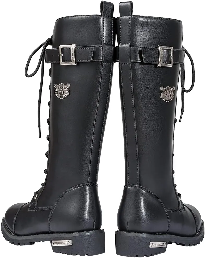 GARGOYLE BELLS Women's Knee High Riding Combat Boots PU Leather Motorcycle Boots with Side Zipper Laced Up Wide Calf Boots For Ladies