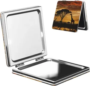 Giraffe and Trees at Dusk in Africa Printed Square Pocket Makeup Mirror with 1X/2X Magnification, Portable Mini Travel Makeup Mirror for Travel Daily Work Beauty
