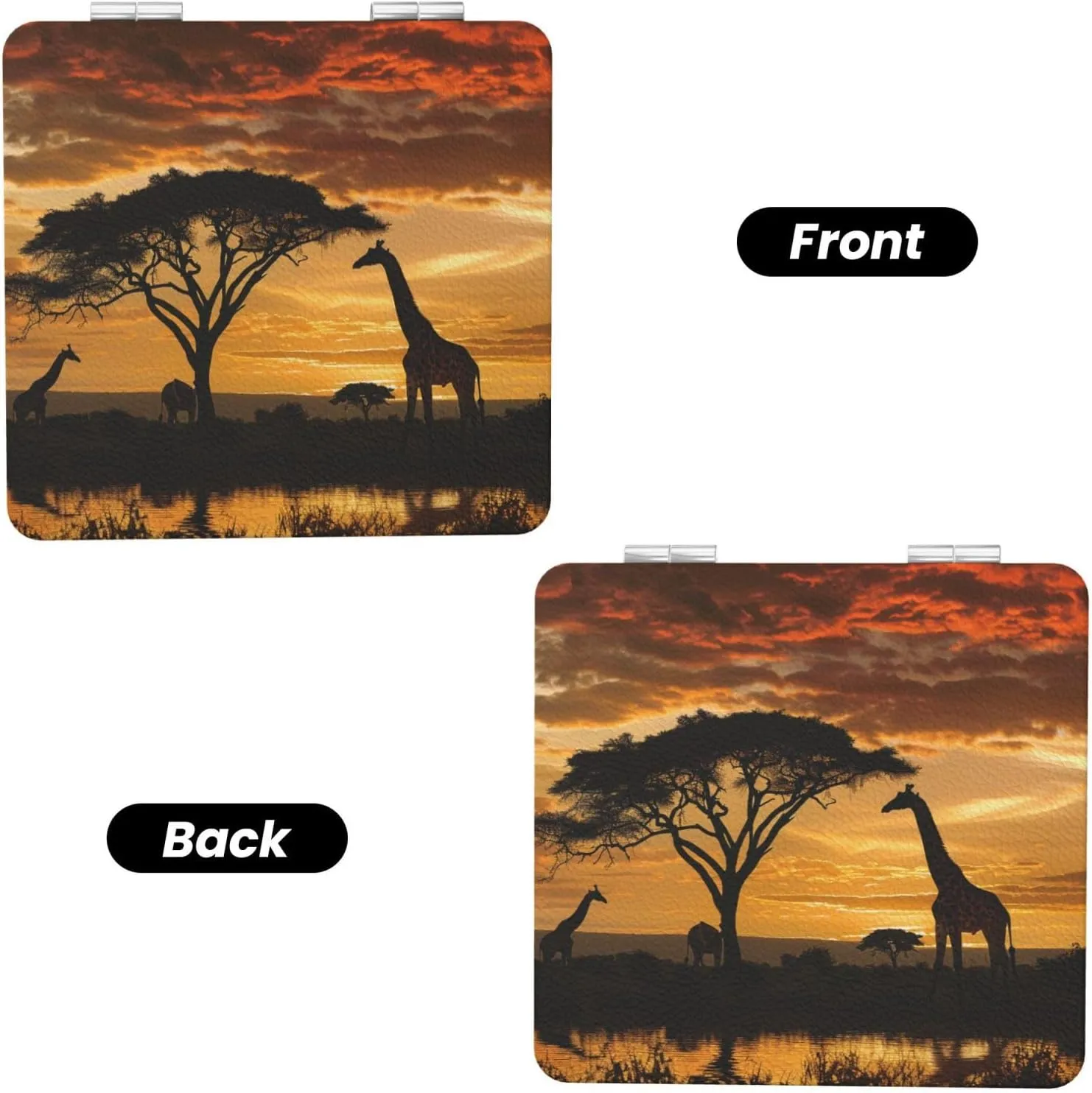 Giraffe and Trees at Dusk in Africa Printed Square Pocket Makeup Mirror with 1X/2X Magnification, Portable Mini Travel Makeup Mirror for Travel Daily Work Beauty