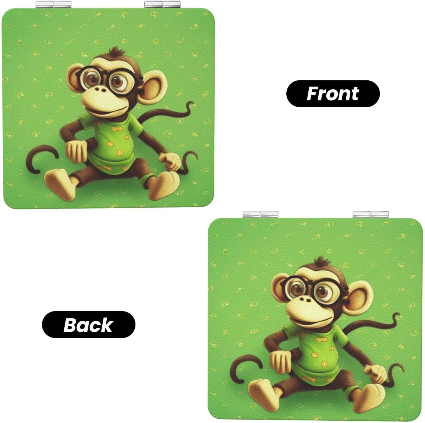 Green Monkey Printed Square Pocket Makeup Mirror with 1X/2X Magnification, Portable Mini Travel Makeup Mirror for Travel Daily Work Beauty