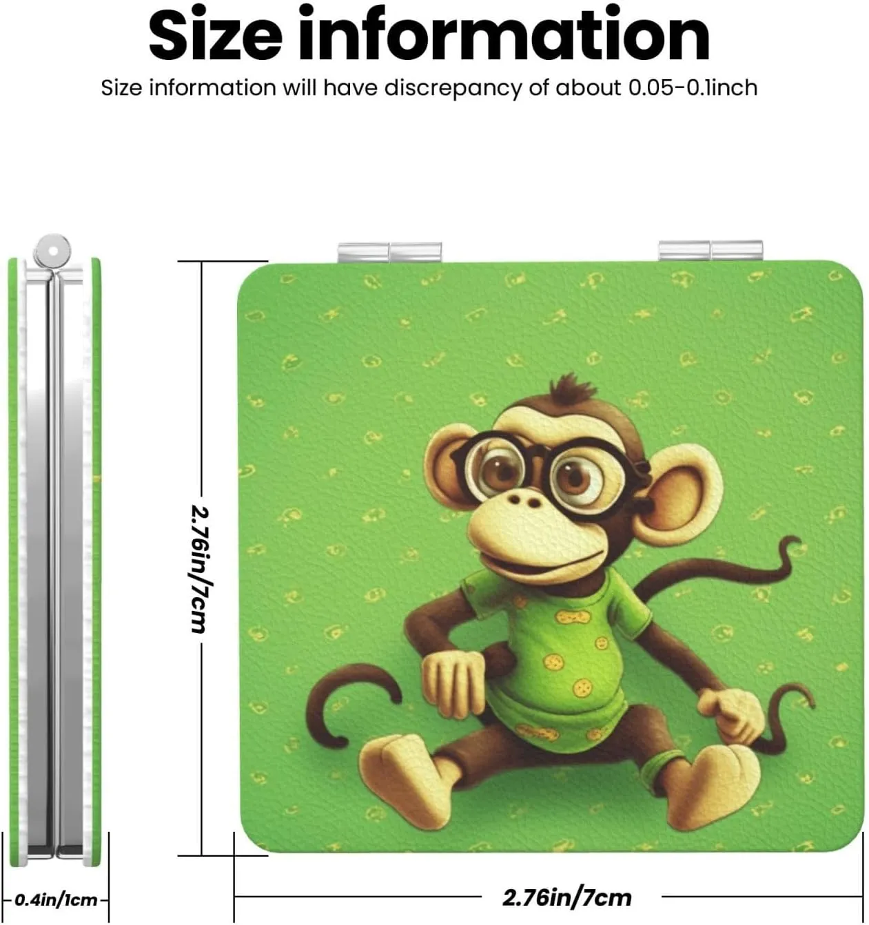 Green Monkey Printed Square Pocket Makeup Mirror with 1X/2X Magnification, Portable Mini Travel Makeup Mirror for Travel Daily Work Beauty