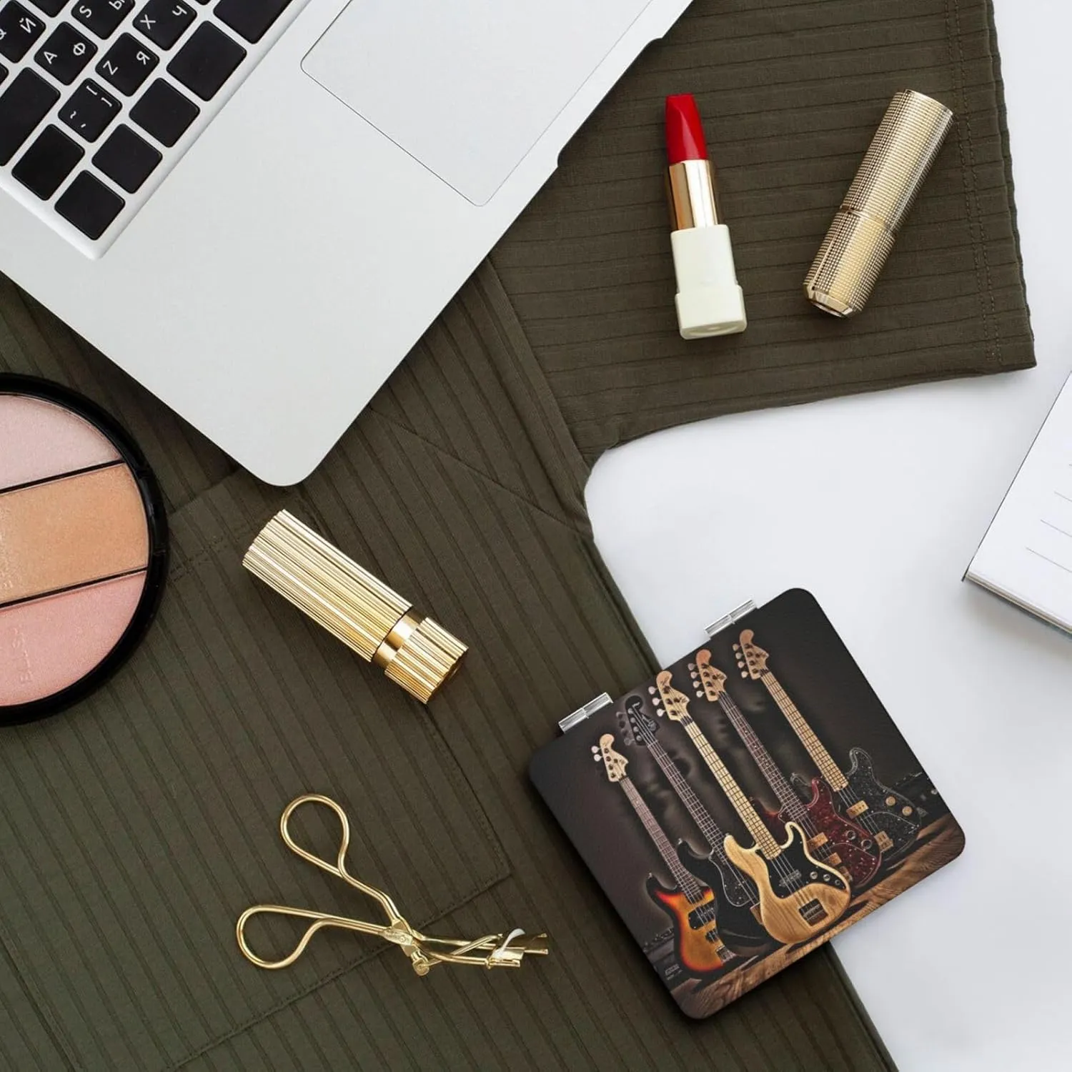 Guitar Bass Music Musical Instruments Printed Square Pocket Makeup Mirror with 1X/2X Magnification, Portable Mini Travel Makeup Mirror for Travel Daily Work Beauty