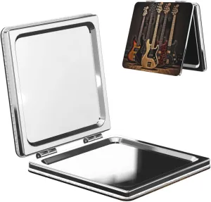 Guitar Bass Music Musical Instruments Printed Square Pocket Makeup Mirror with 1X/2X Magnification, Portable Mini Travel Makeup Mirror for Travel Daily Work Beauty