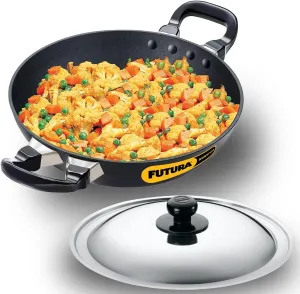 Hawkins Futura Non-Stick Deep-Fry Pan (Kadhai) With Stainless Steel Lid22Cm Black