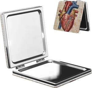 Human Anatomy Heart Chart Printed Square Pocket Makeup Mirror with 1X/2X Magnification, Portable Mini Travel Makeup Mirror for Travel Daily Work Beauty