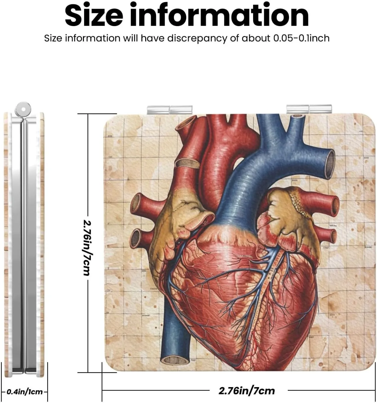 Human Anatomy Heart Chart Printed Square Pocket Makeup Mirror with 1X/2X Magnification, Portable Mini Travel Makeup Mirror for Travel Daily Work Beauty