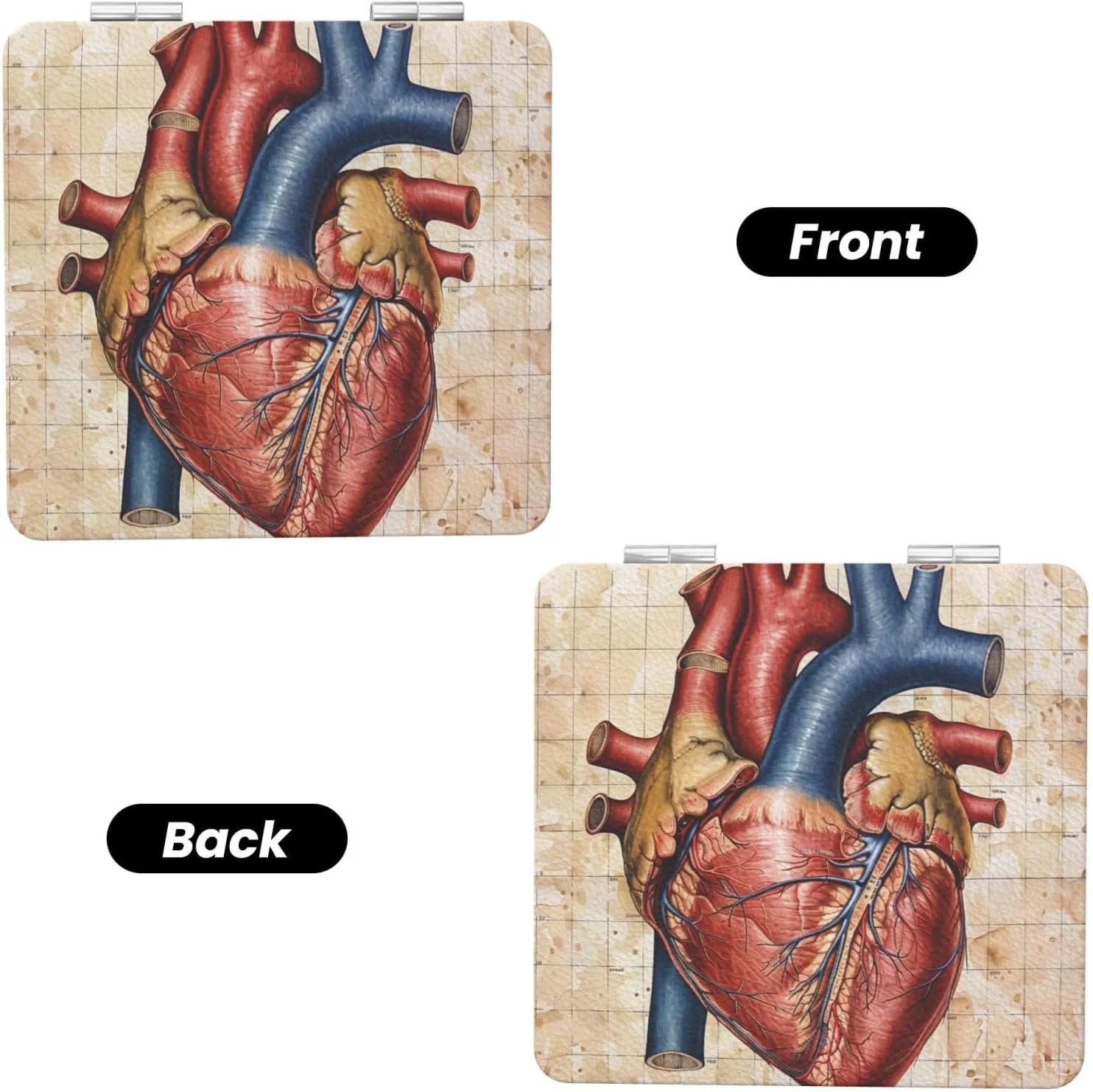 Human Anatomy Heart Chart Printed Square Pocket Makeup Mirror with 1X/2X Magnification, Portable Mini Travel Makeup Mirror for Travel Daily Work Beauty