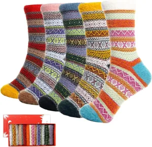 ICEIVY 5 Pair Fuzzy Cozy Socks for Women - Warm Comfy Soft Casual Home Sleep Winter Wool Socks - Gifts for Women