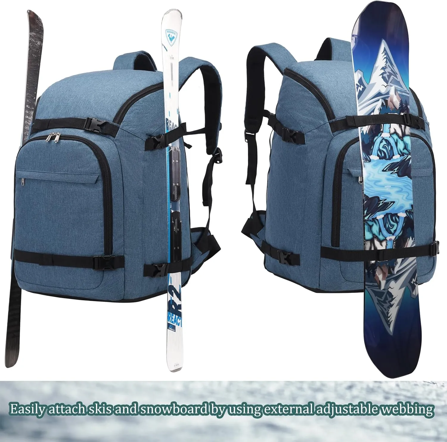 JIANYA Ski Boot Bag, 50L Waterproof Travel Backpack for Snowboard, Ski Helmet, Goggles, Gloves & Accessories, Gray