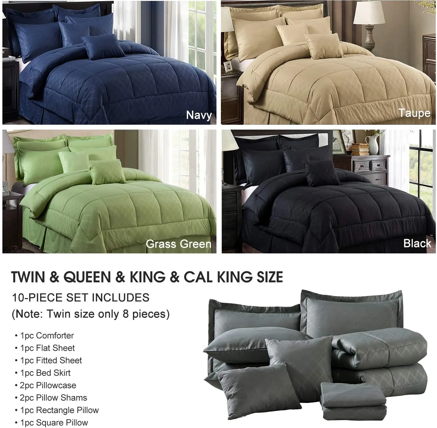 JML California King Comforter Set - 10-Piece Grey Cali King Microfiber Bedding Set with Comforter, Sheets, Bed Skirt, Pillowcases, Shams & Pillows