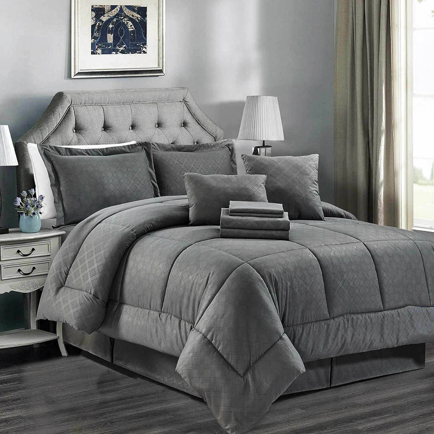 JML California King Comforter Set - 10-Piece Grey Cali King Microfiber Bedding Set with Comforter, Sheets, Bed Skirt, Pillowcases, Shams & Pillows