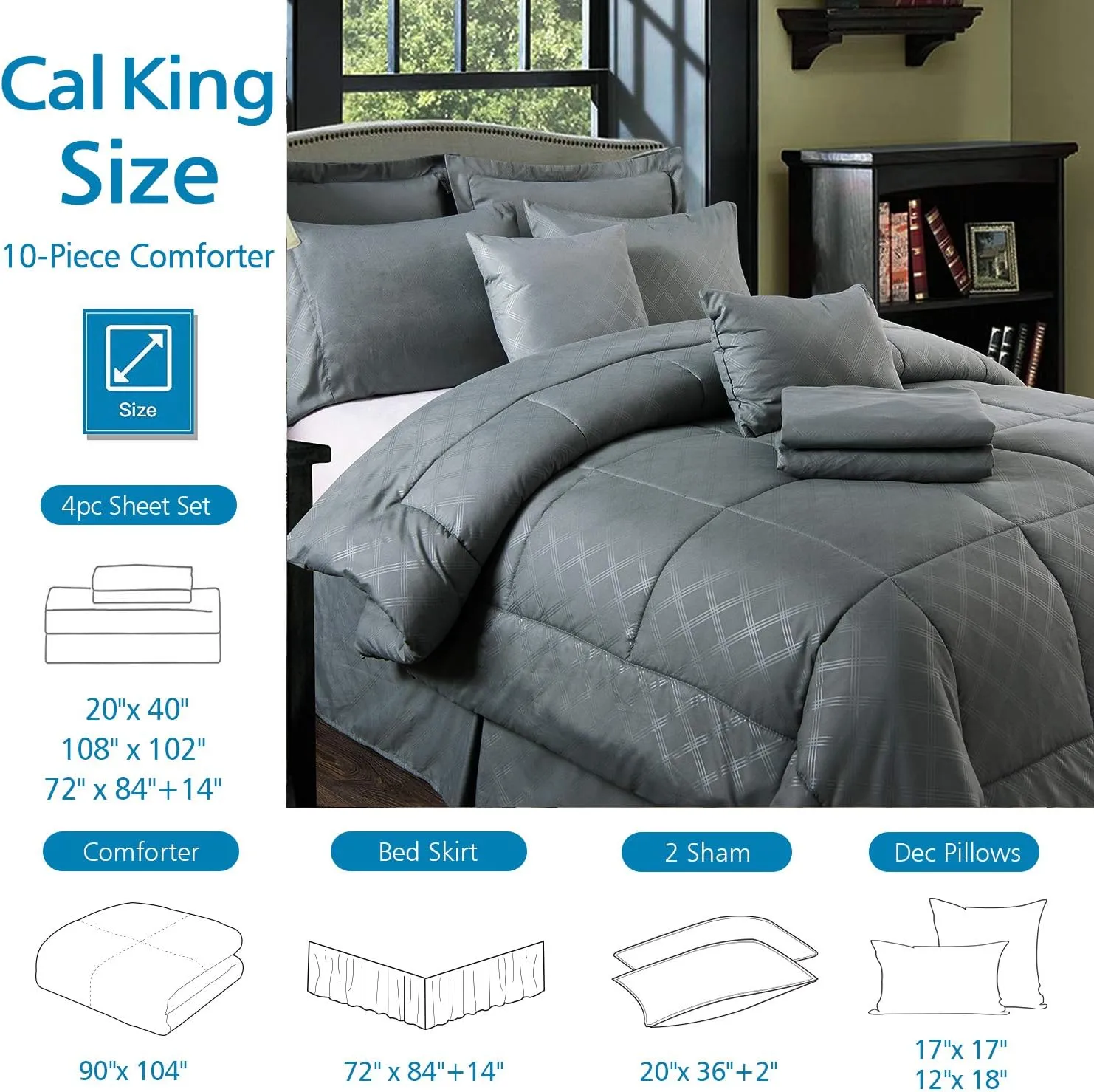 JML California King Comforter Set - 10-Piece Grey Cali King Microfiber Bedding Set with Comforter, Sheets, Bed Skirt, Pillowcases, Shams & Pillows