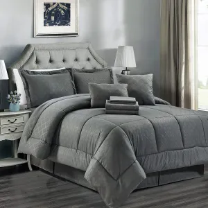 JML California King Comforter Set - 10-Piece Grey Cali King Microfiber Bedding Set with Comforter, Sheets, Bed Skirt, Pillowcases, Shams & Pillows