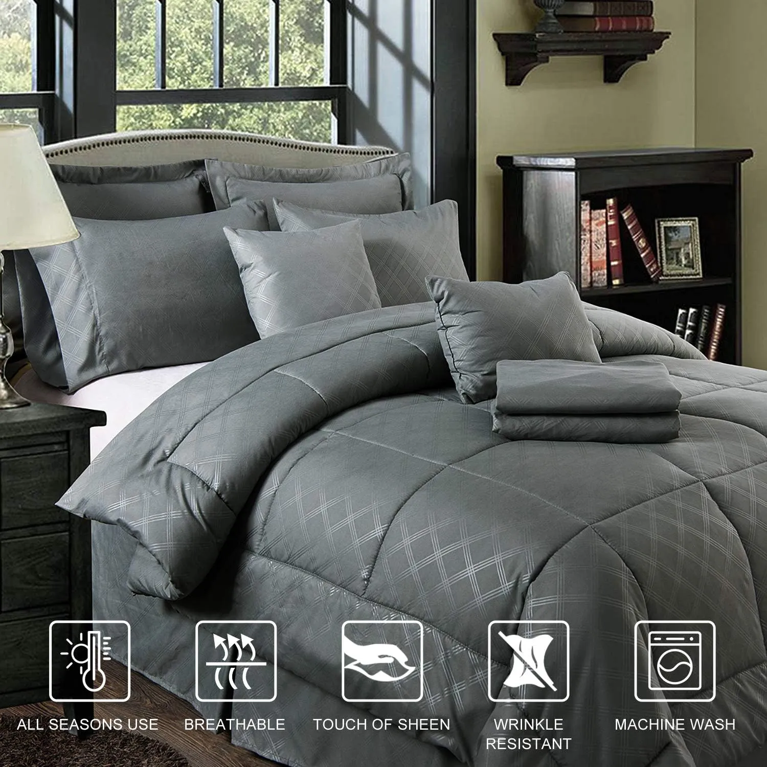 JML California King Comforter Set - 10-Piece Grey Cali King Microfiber Bedding Set with Comforter, Sheets, Bed Skirt, Pillowcases, Shams & Pillows