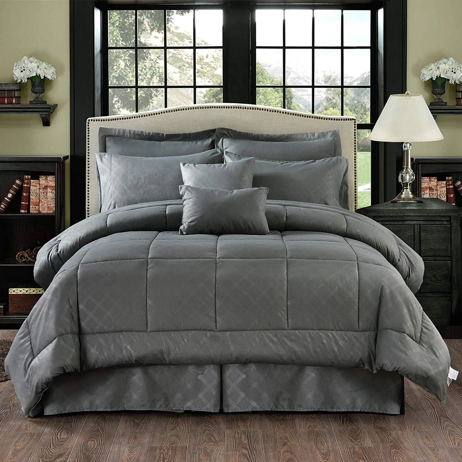 JML California King Comforter Set - 10-Piece Grey Cali King Microfiber Bedding Set with Comforter, Sheets, Bed Skirt, Pillowcases, Shams & Pillows
