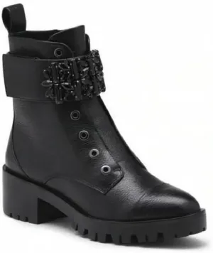 KARL LAGERFELD Women's Lug-Sole Maeva Combat Boot with Crystal Detail
