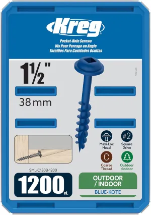 Kreg SML-C150B-1200 Blue-Kote Pocket Screws, 1 1/2 Inch, #8 Coarse Thread, Maxi-Loc Head (1200 Count)