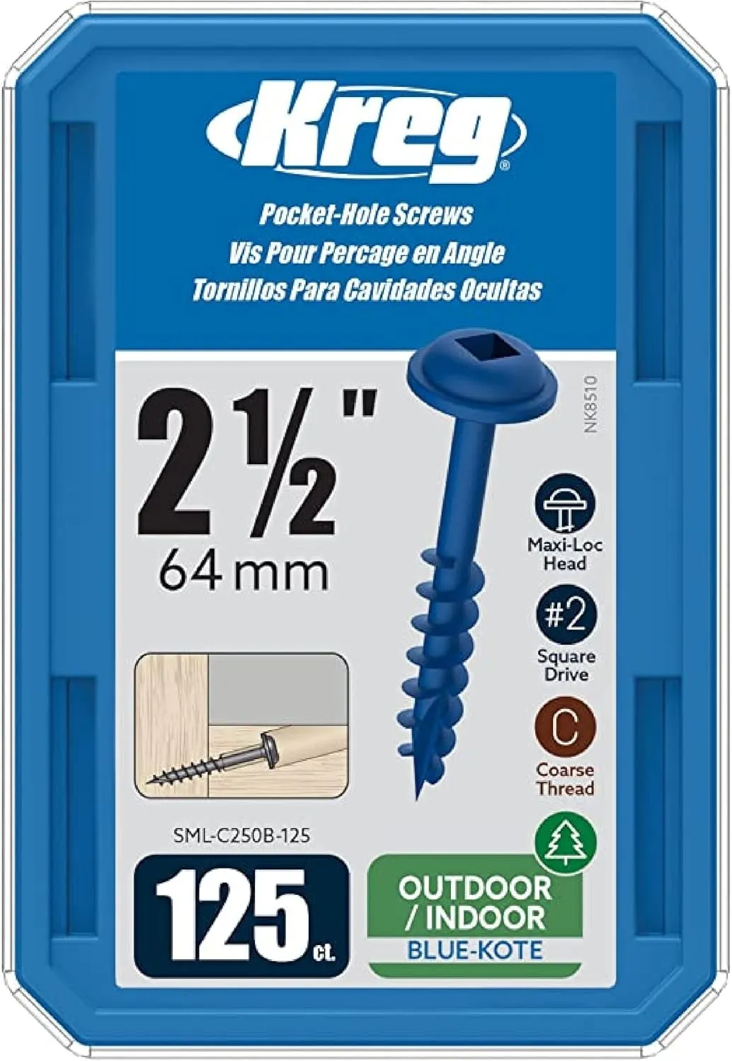 Kreg SML-C250B-125 Blue Kote, Pocket Screws, 2 1/2 Inch, #8 Coarse Thread, Maxi-Loc Head (125 Count)