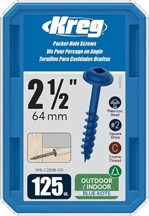 Kreg SML-C250B-125 Blue Kote, Pocket Screws, 2 1/2 Inch, #8 Coarse Thread, Maxi-Loc Head (125 Count)