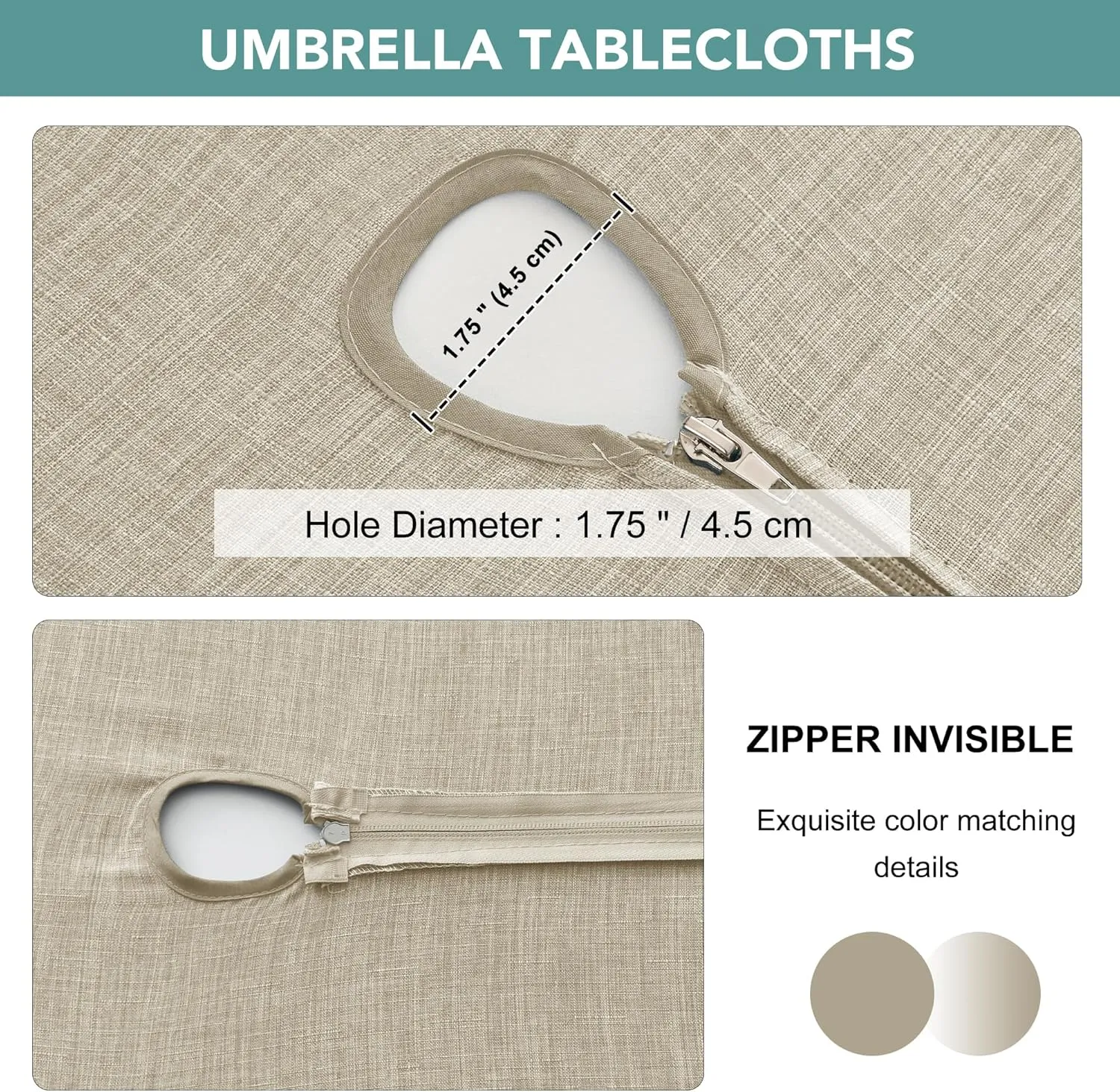 LUSHVIDA Outdoor Tablecloth with Umbrella Hole - Patio Table Cloth Zippered Round 60 Inch, Faux Linen Table Cover Water Resistant for Picnic Outside, Natural Color