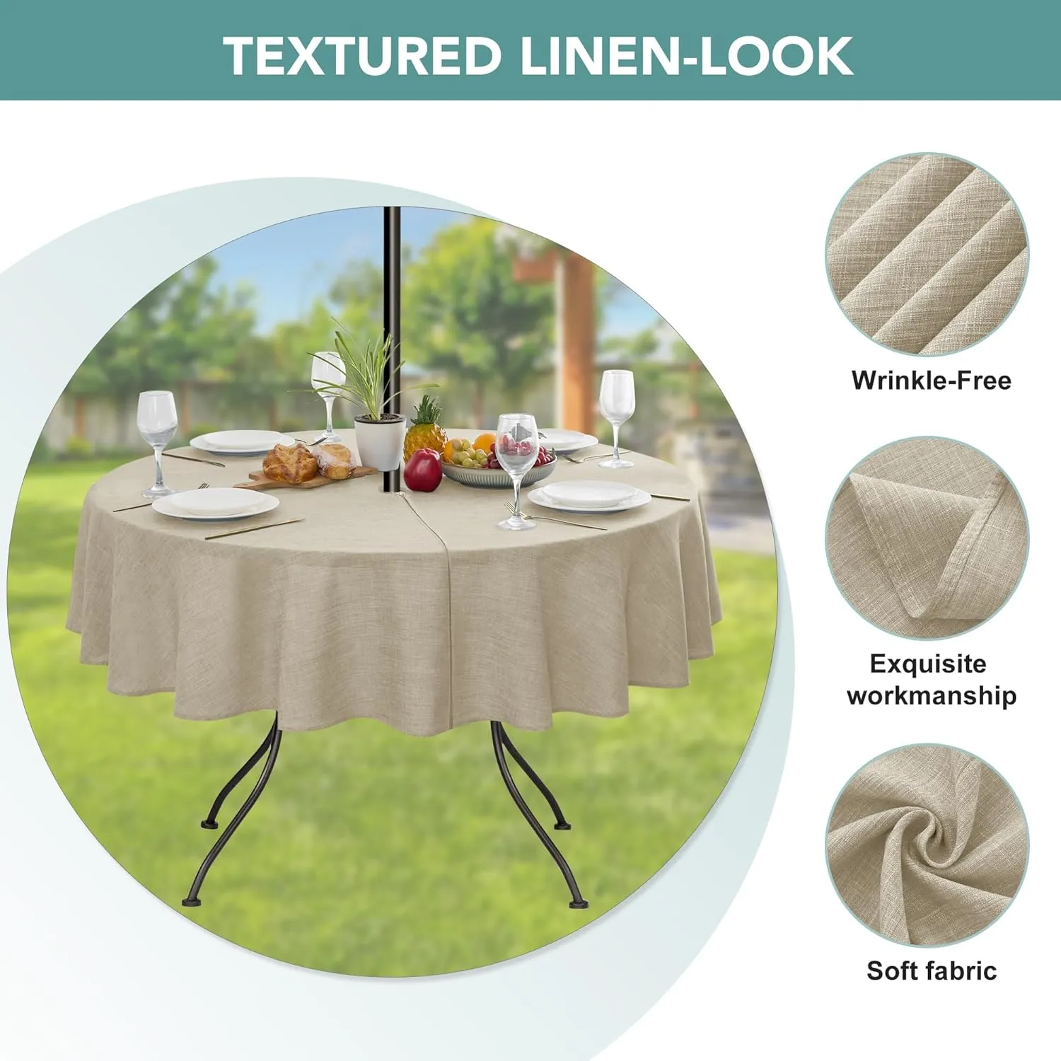 LUSHVIDA Outdoor Tablecloth with Umbrella Hole - Patio Table Cloth Zippered Round 60 Inch, Faux Linen Table Cover Water Resistant for Picnic Outside, Natural Color