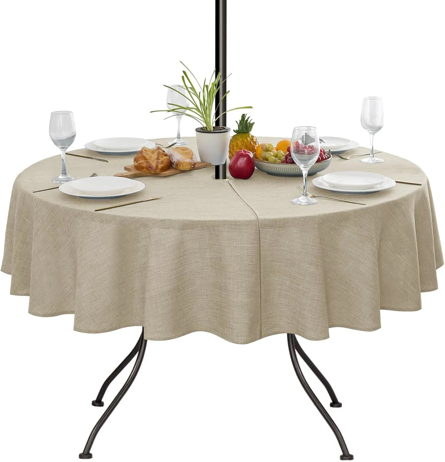 LUSHVIDA Outdoor Tablecloth with Umbrella Hole - Patio Table Cloth Zippered Round 60 Inch, Faux Linen Table Cover Water Resistant for Picnic Outside, Natural Color
